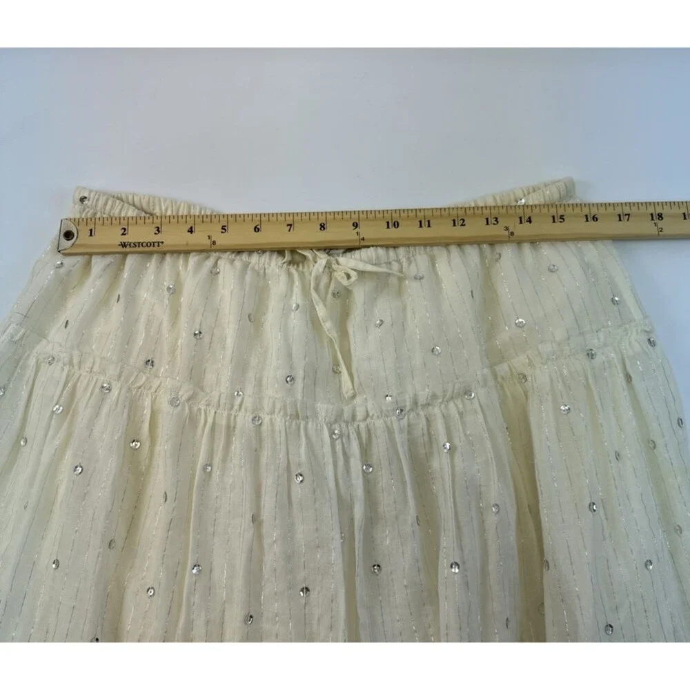 J Jill Tiered Maxi Skirt Sequins Ivory Drawstring Whimsey Cottage Fairy Petite M